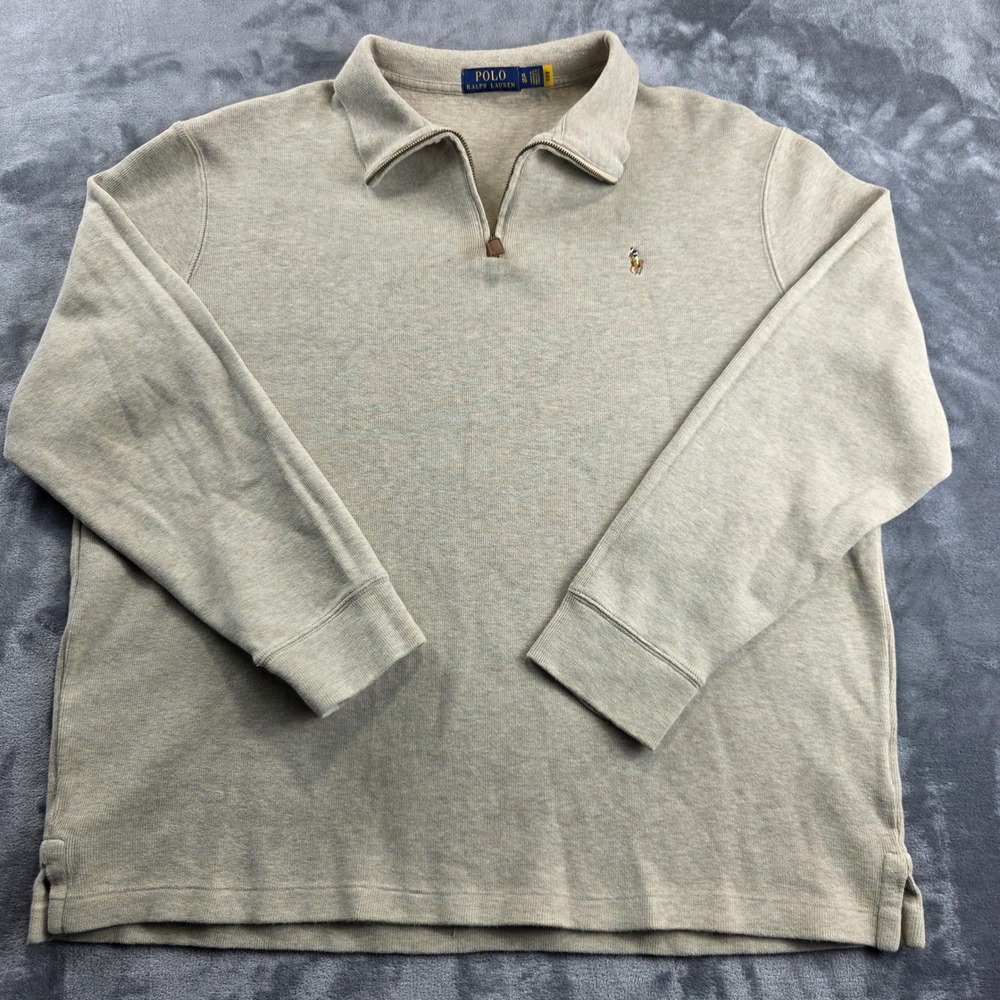 Polo Ralph Lauren Quarter Zip Pullover Men XL Tan Heathered Cotton Long Sleeve